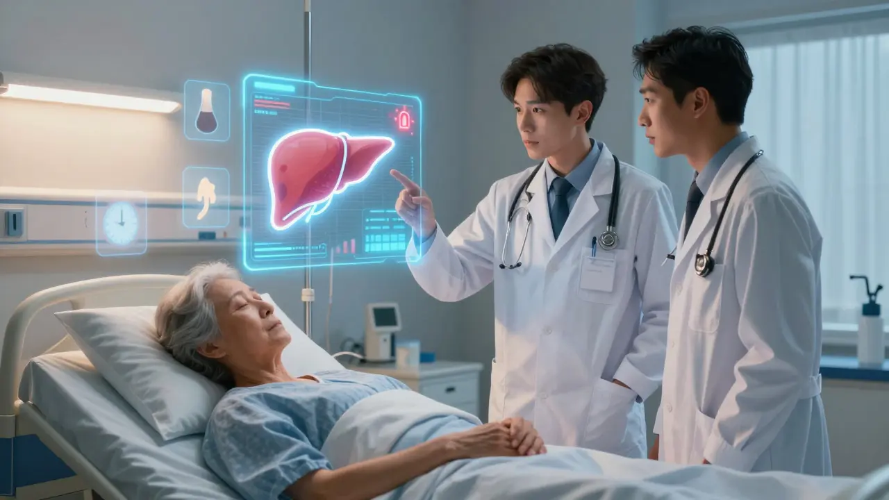 Doctors examine a glowing liver diagram with warning signs above a sleeping patient in a hospital bed.