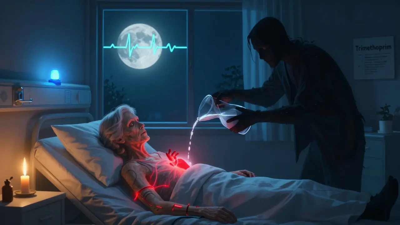 Elderly woman in hospital with heart glowing red as a shadowy figure pours potassium into her body at night.