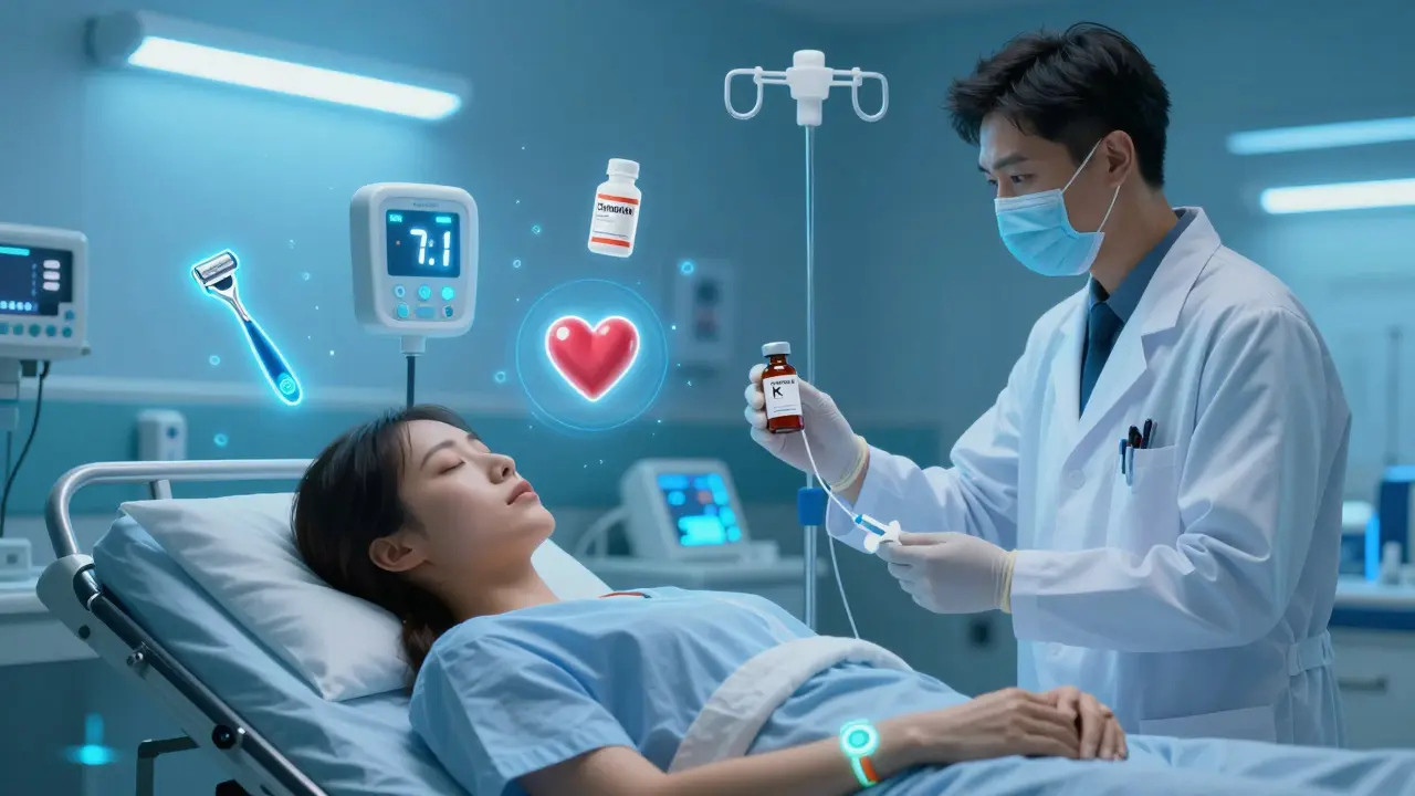 Emergency medical team treating a patient with dangerously high INR, using reversal agents and surrounded by safety symbols.