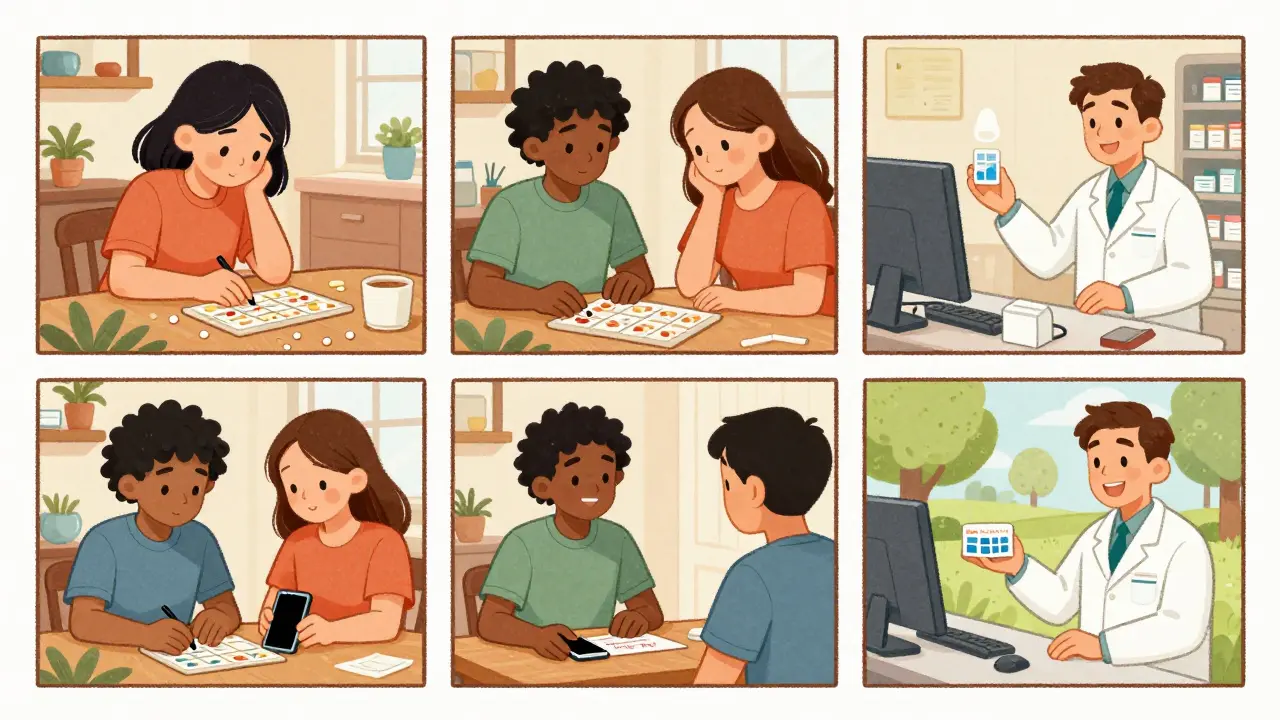 People in daily life use pill organizers, phone alarms, and pharmacists to manage their medications with support.