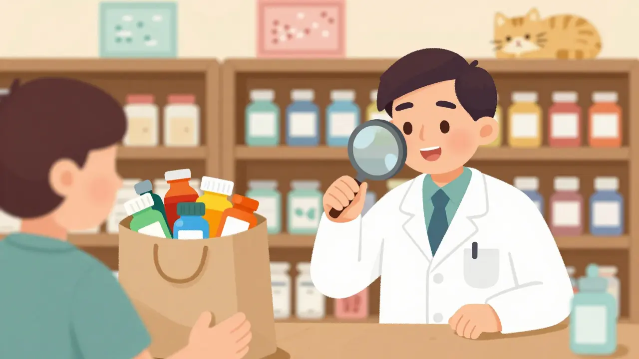 Person holding brown bag of medicine bottles for pharmacist review