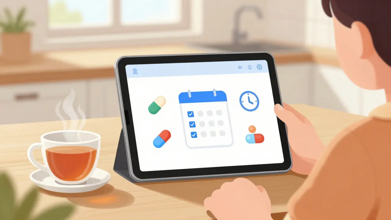 Person using tablet app with pill icons and calendar for medication tracking