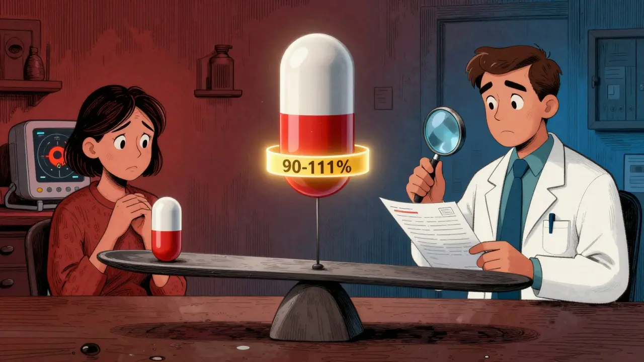 Scale balancing warfarin pills with a narrow 90-111% safety band glowing around them.