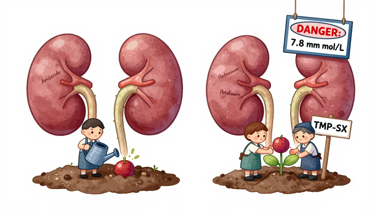 Two cartoon kidneys as gardeners, one causing potassium to build up dangerously from a blocked sodium channel.