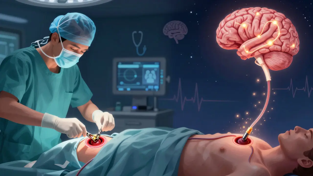 Two medical treatments shown side by side: a surgeon clipping an aneurysm and a catheter delivering coils, in whimsical storybook art.