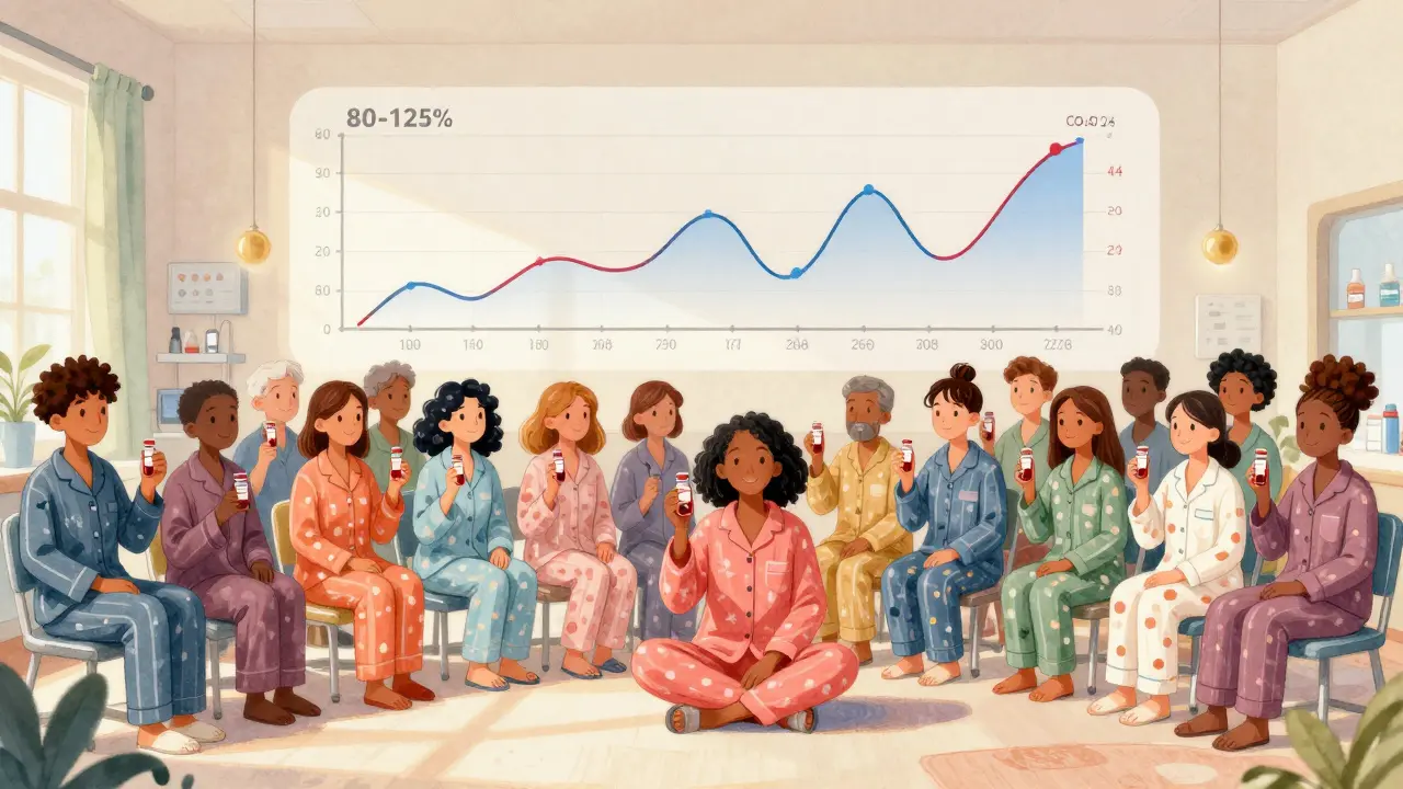 Volunteers in pajamas having blood drawn while drug concentration curves rise in sync.