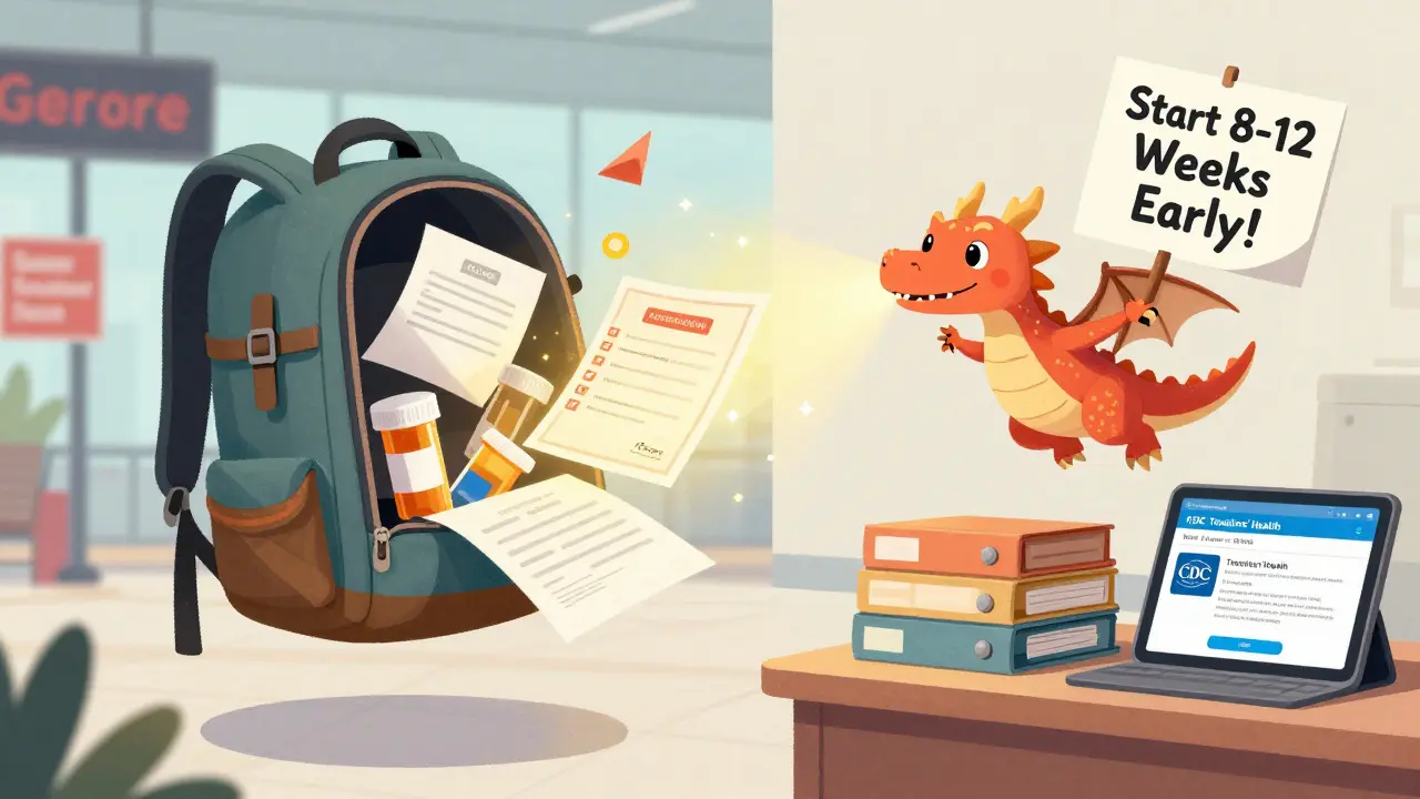 A backpack spills pills and documents as a paper-winged checklist dragon guides a traveler toward organized travel prep.