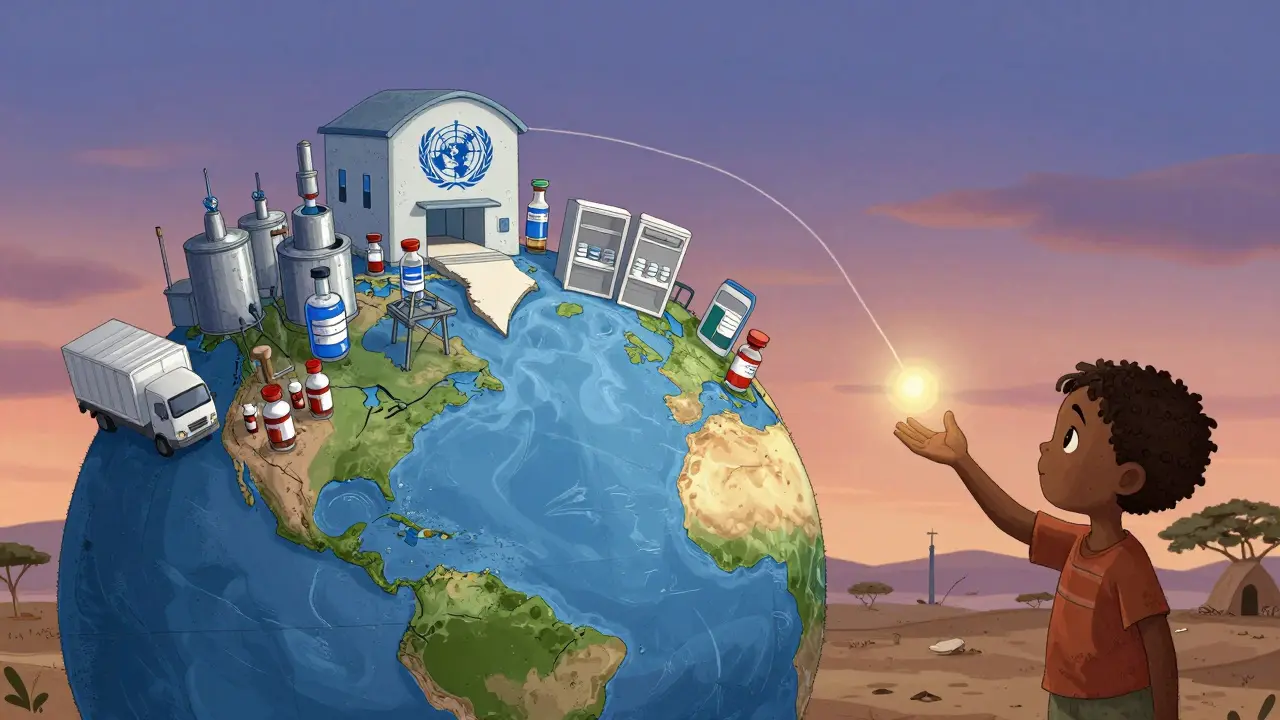 A cracked globe shows wealthy vaccine production on one side and empty clinics on the other, connected by a thread of light.