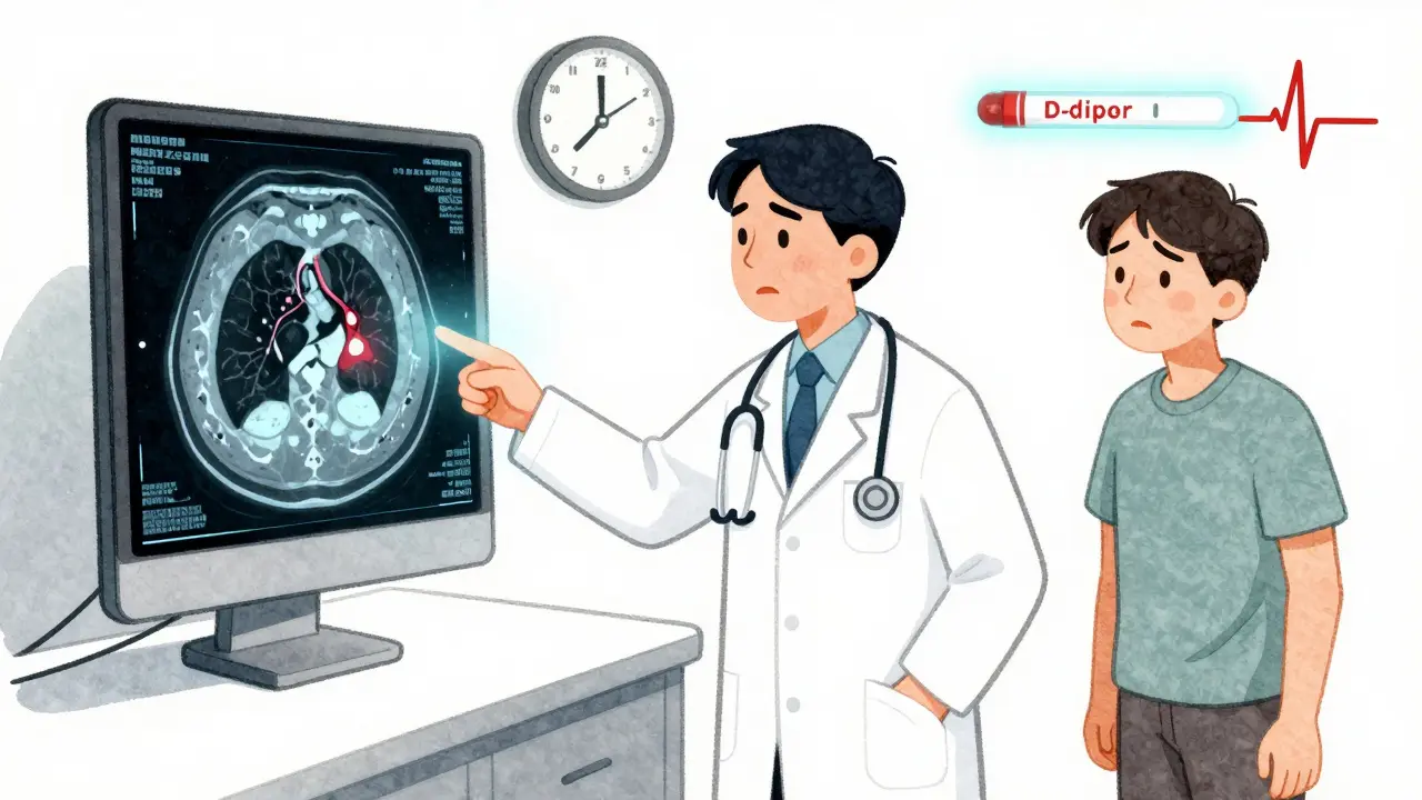 A doctor showing a CT scan with a lung clot to a patient, who has a swollen leg and rapid heartbeat, in a storybook medical scene.