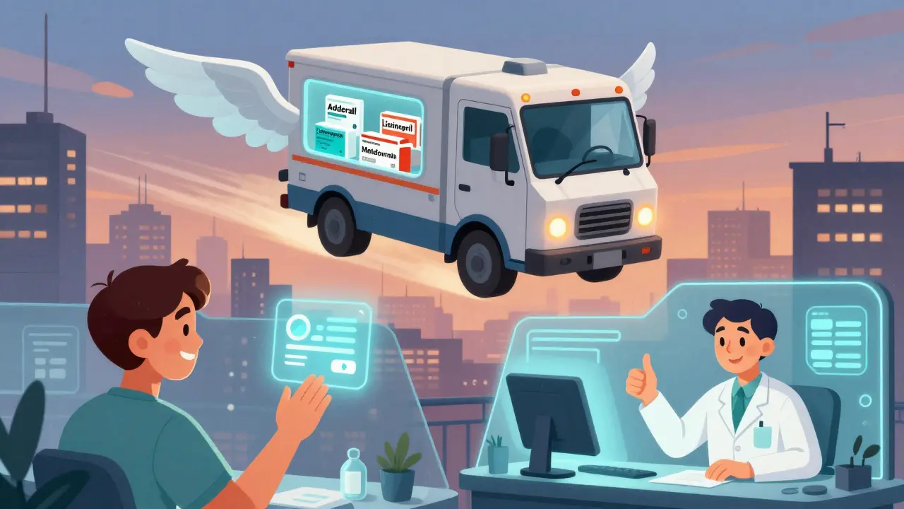 A flying pharmacy truck delivers digital prescriptions over a city while a patient receives a holographic confirmation.
