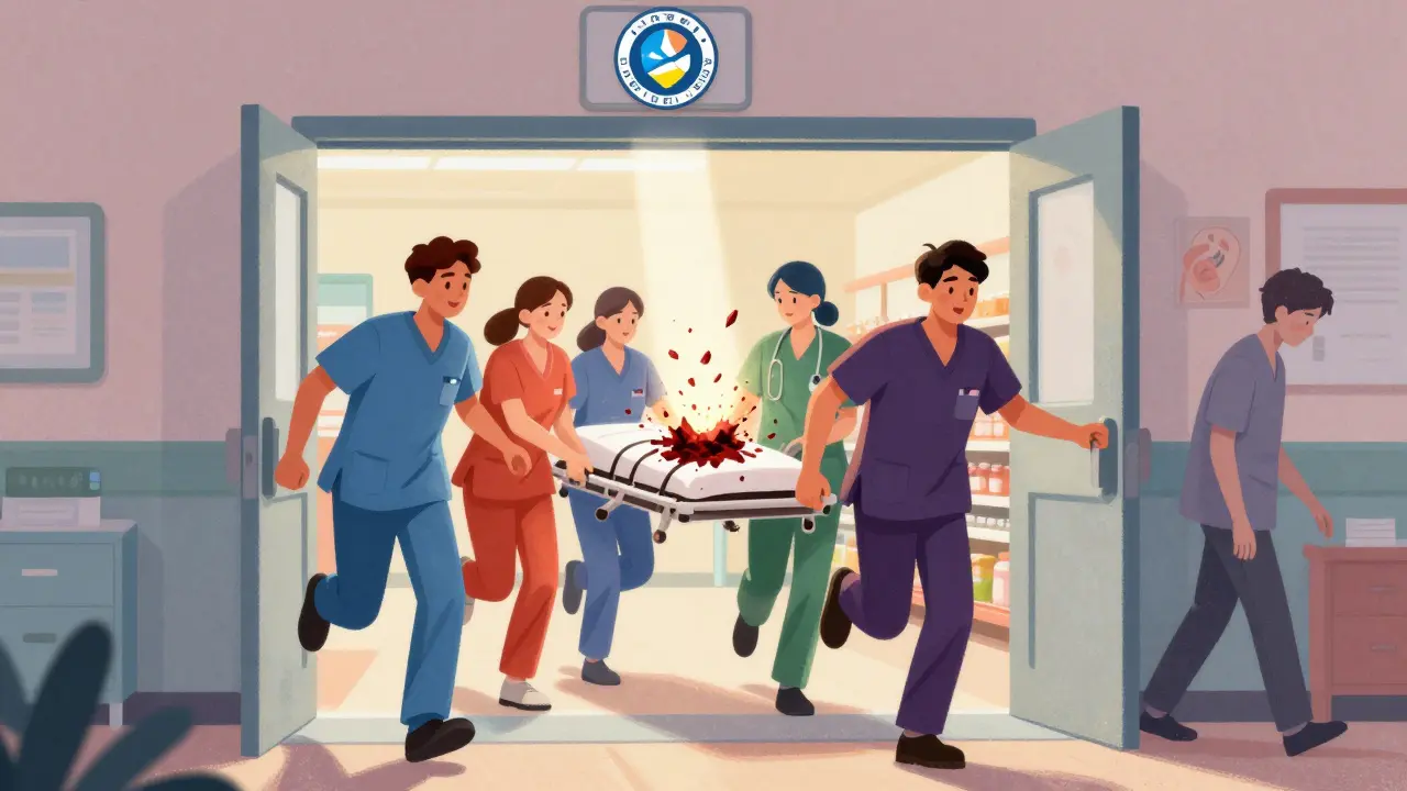 A medical team rushing to treat a pulmonary embolism as the clot breaks apart, with a PERT team logo glowing above.