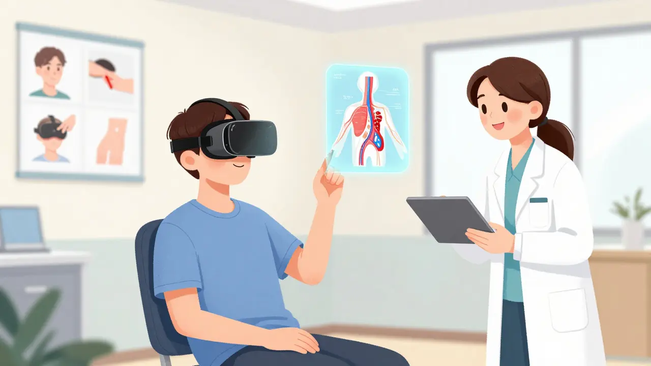 A patient learning needle insertion using a virtual reality headset during home dialysis training, with an instructor observing.