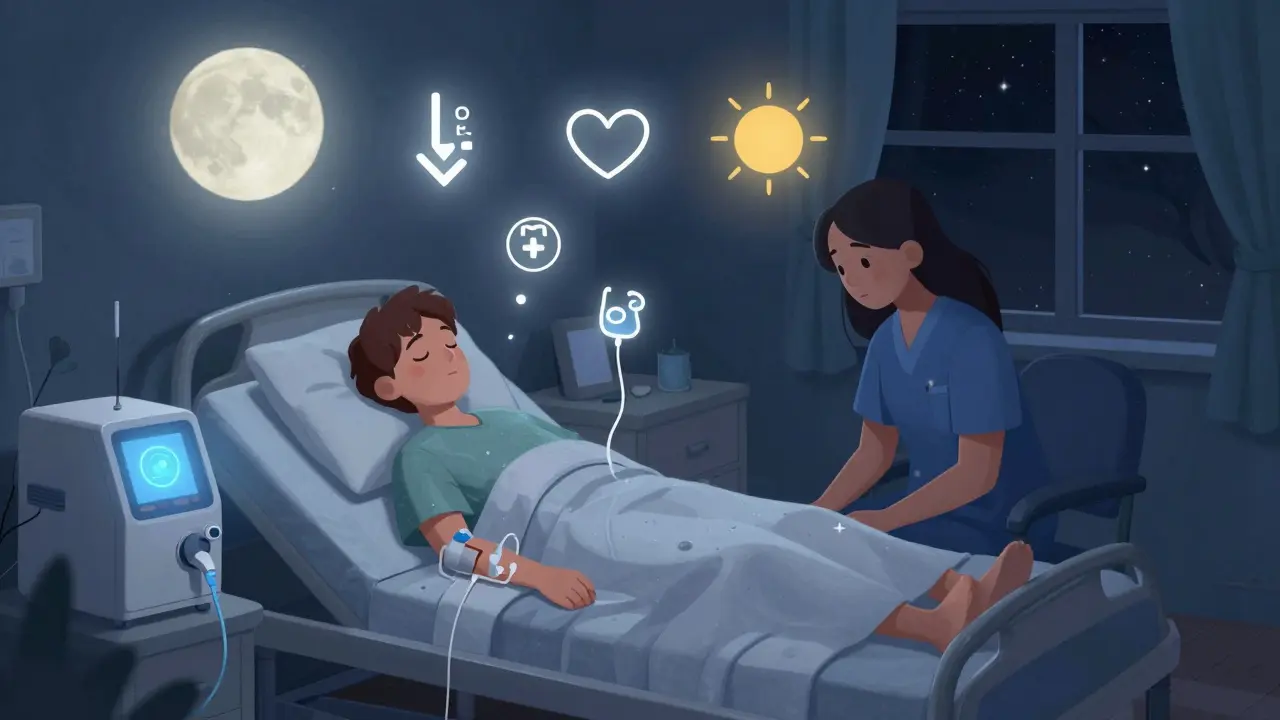 A patient sleeping peacefully during nocturnal dialysis, with a care partner nearby and moonlight illuminating the quiet room.