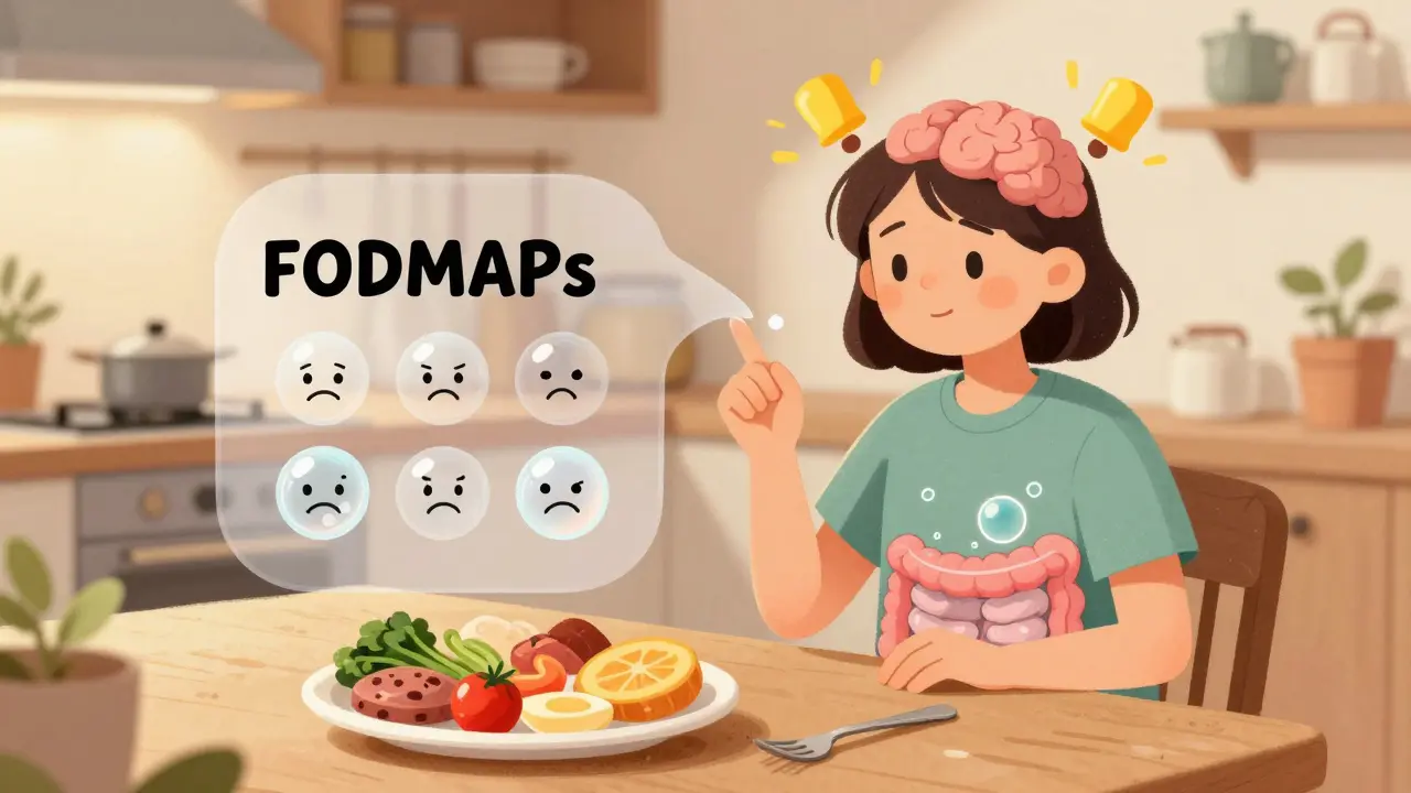 A person at a table with foods labeled 'FODMAPs' as gas bubbles trigger alarm bells in their gut and brain.