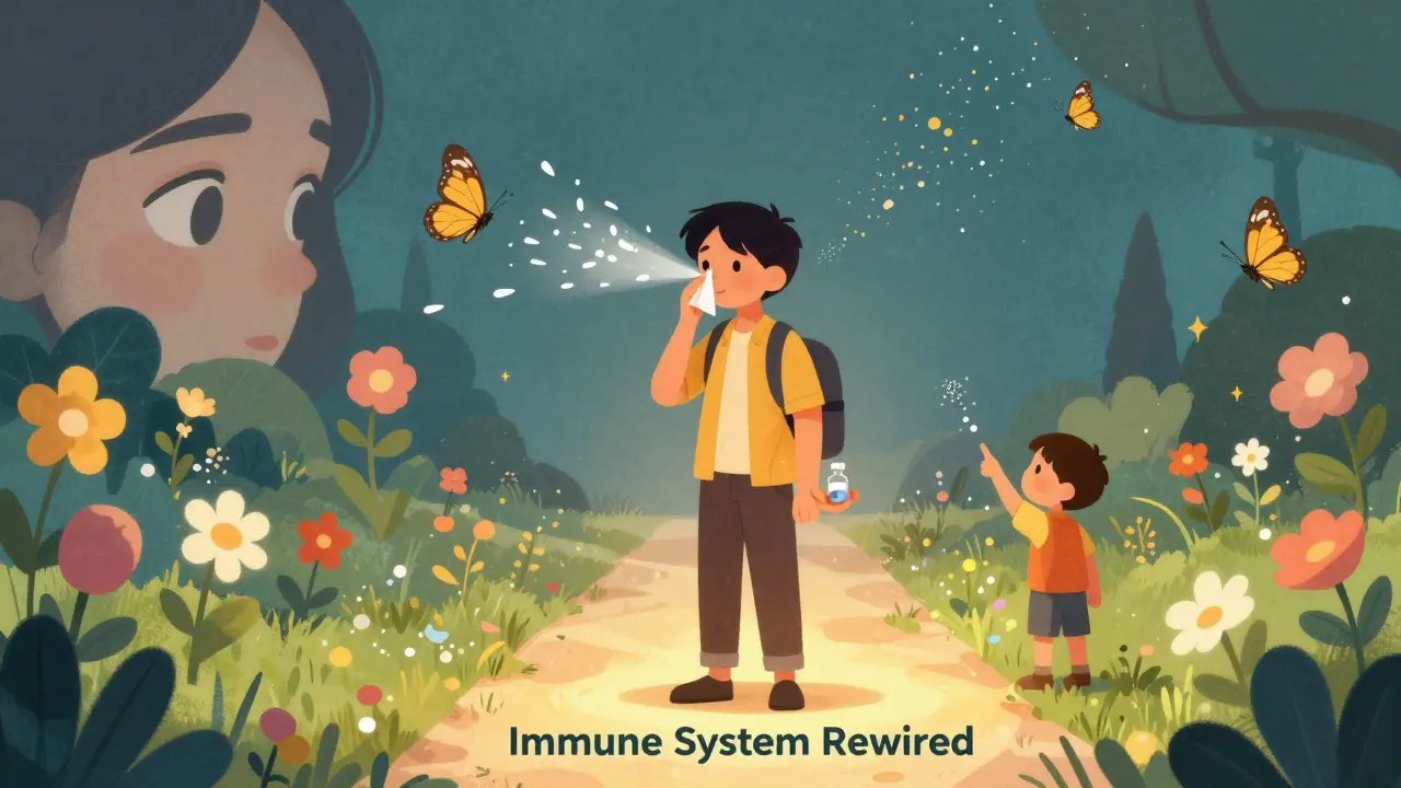 A person at the end of a 5-year allergy treatment journey, with symptoms turning into butterflies and flowers, symbolizing lasting immunity.