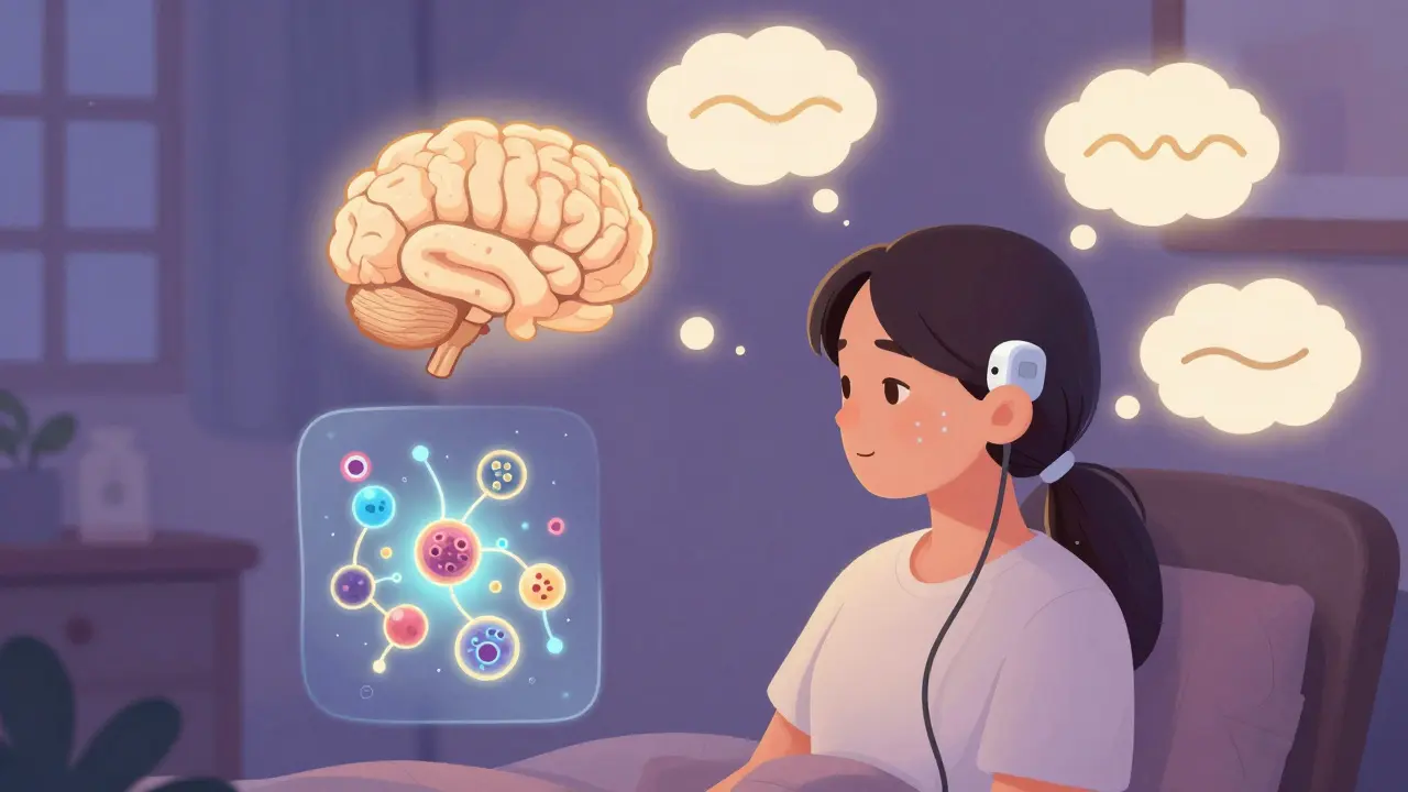 A person in calm therapy as thought bubbles retrain gut signals, with a gentle ear device and microbial chart nearby.