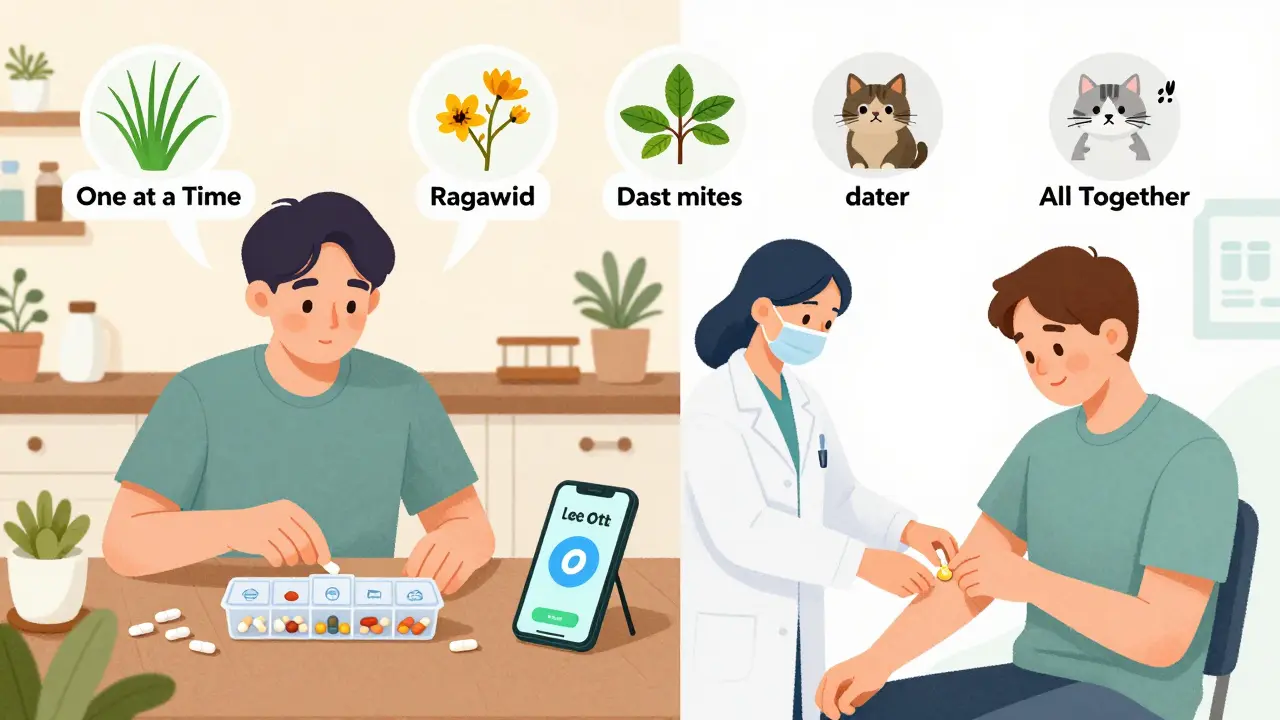 A person taking a sublingual tablet at home versus another getting a shot in a clinic, with allergen icons showing single vs. multiple targets.