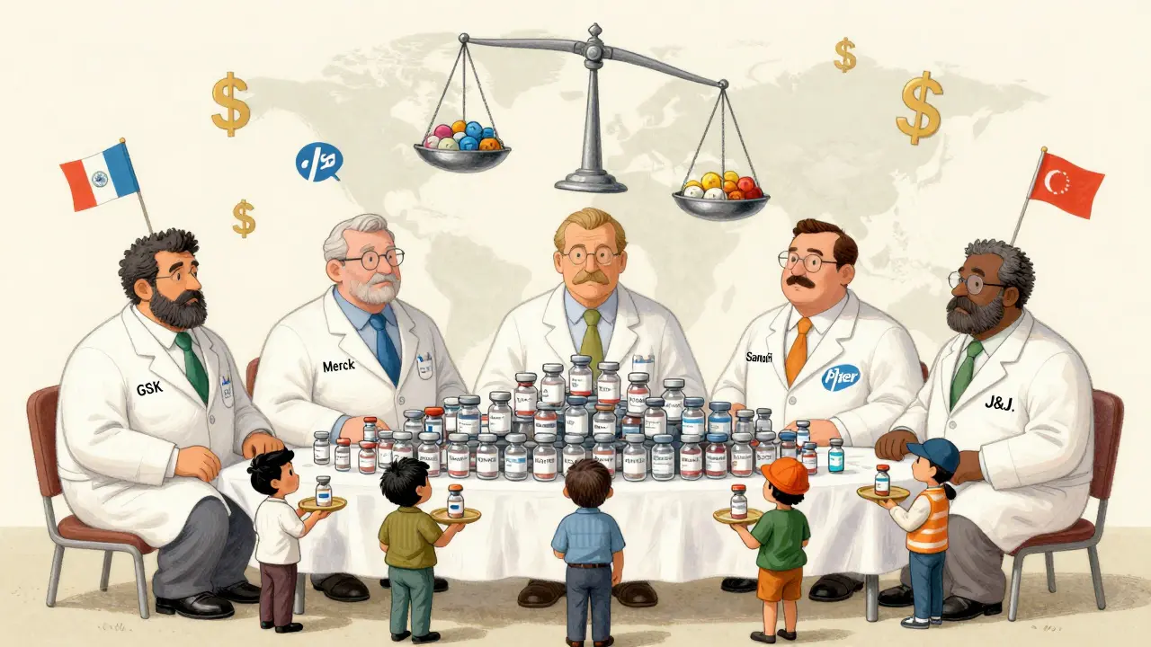 Five big pharmaceutical companies sit at a table with vials, while tiny workers from India and Africa offer single doses.