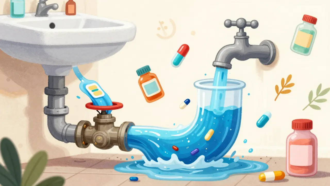 Metaphor of clogged drain with rising water levels and medicine symbols.