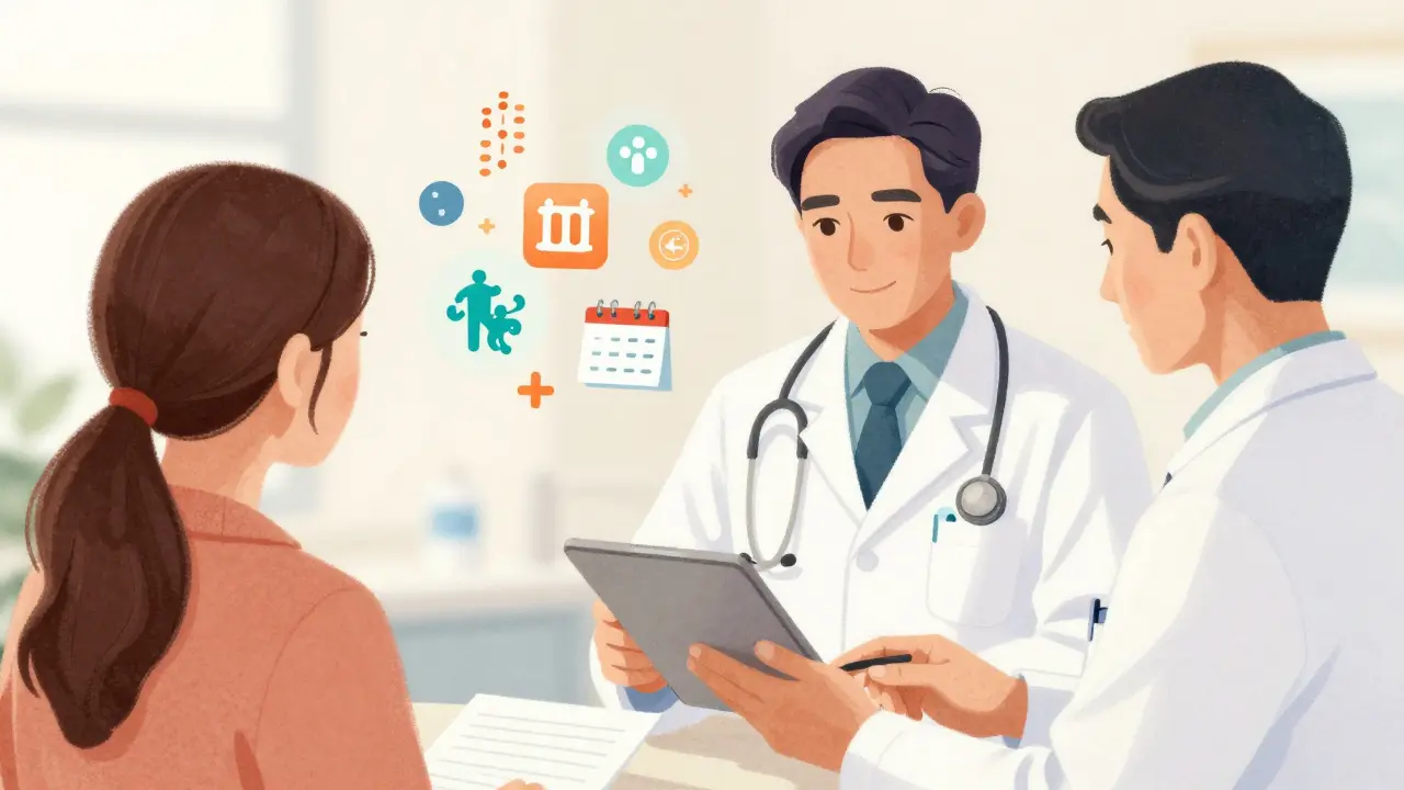 Patient and pharmacist reviewing health plan together