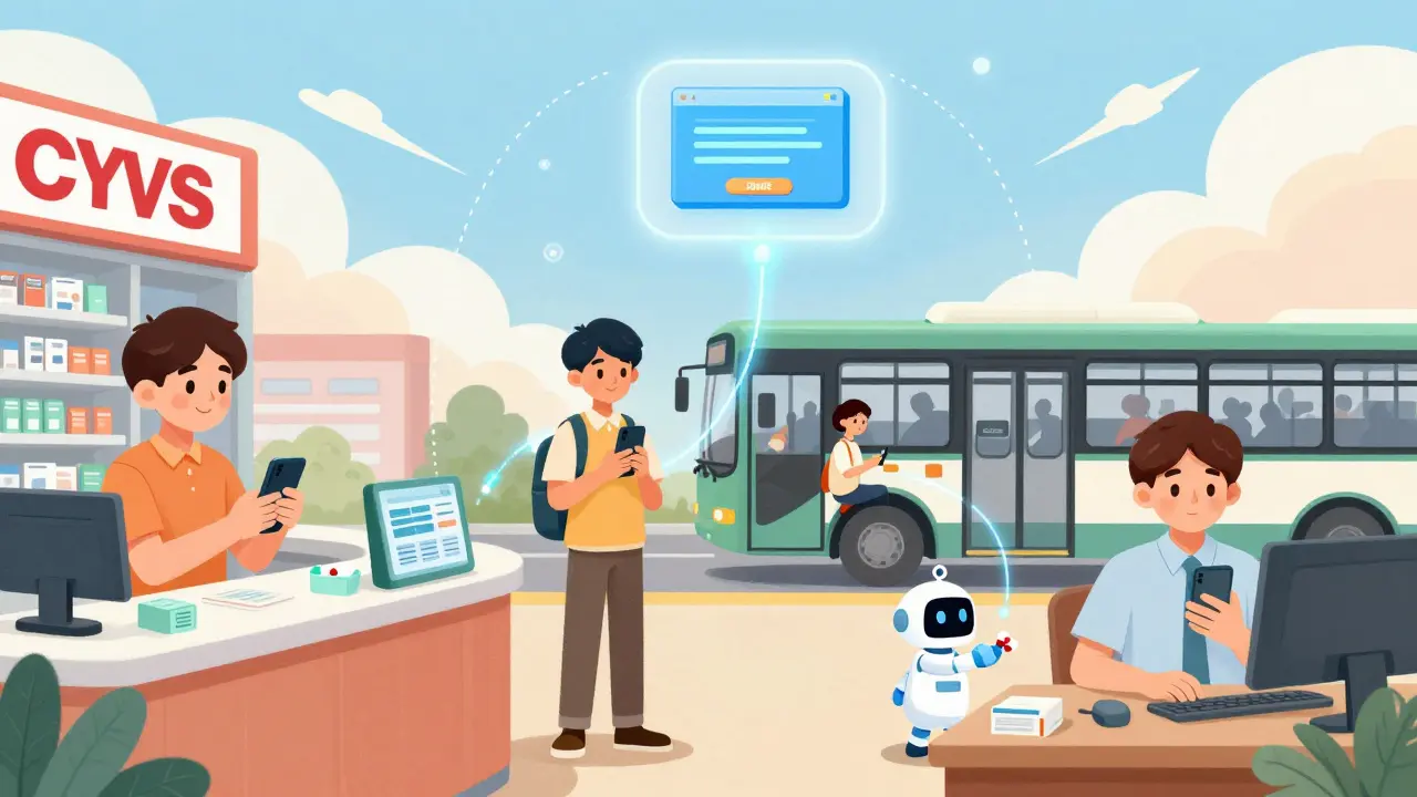 People across different settings initiate digital prescription transfers with glowing data pathways connecting to a central pharmacy hub.