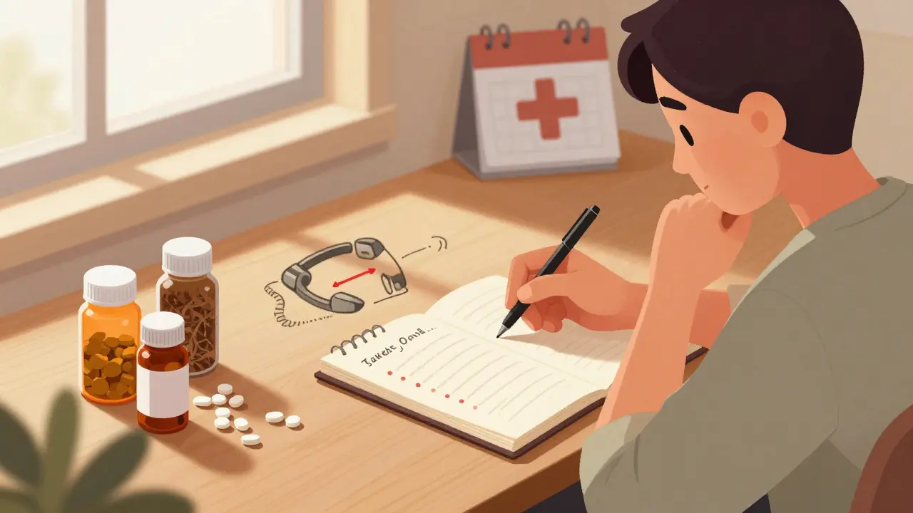 Person reviewing medication log on desk with pill bottles nearby.