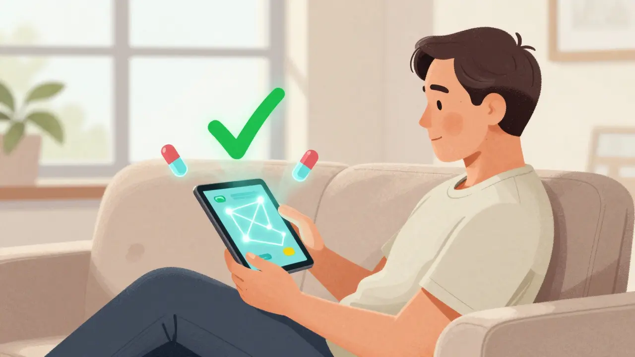 Person using tablet to check medication interactions safely