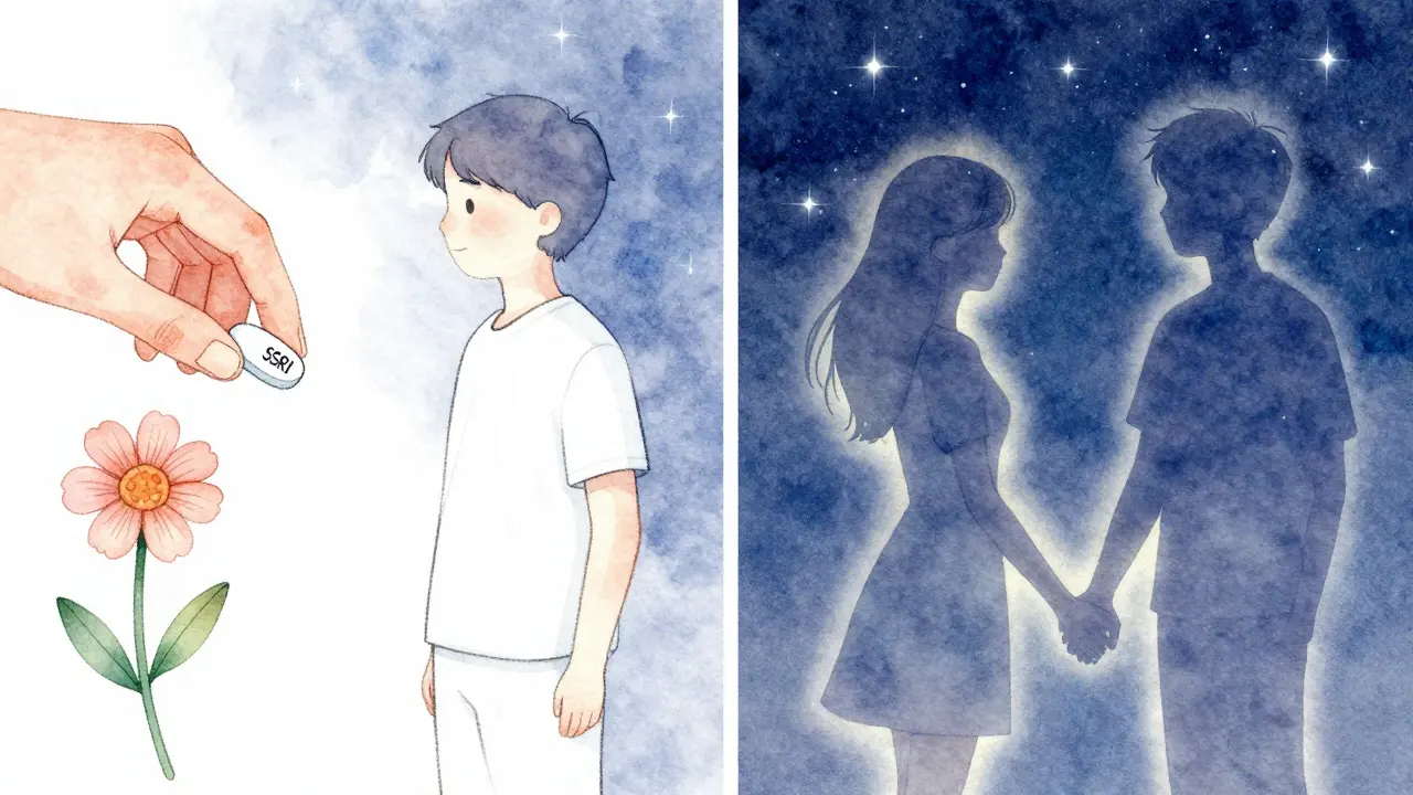 Split scene: half-dose pill beside a flower, same person holding partner under stars, symbolizing restored intimacy.