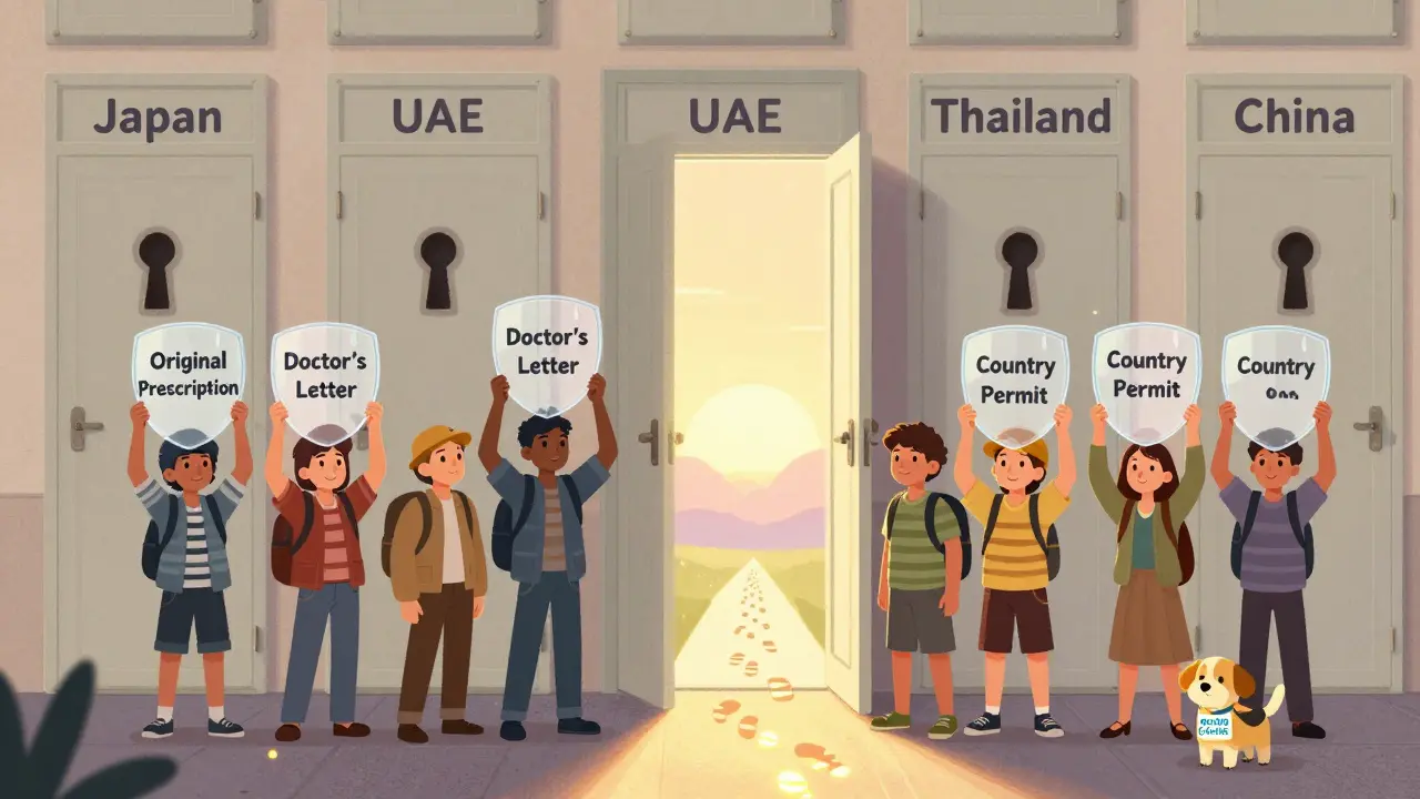 Travelers hold legal documents as shields before locked doors marked with strict countries, one door open to a sunny path.
