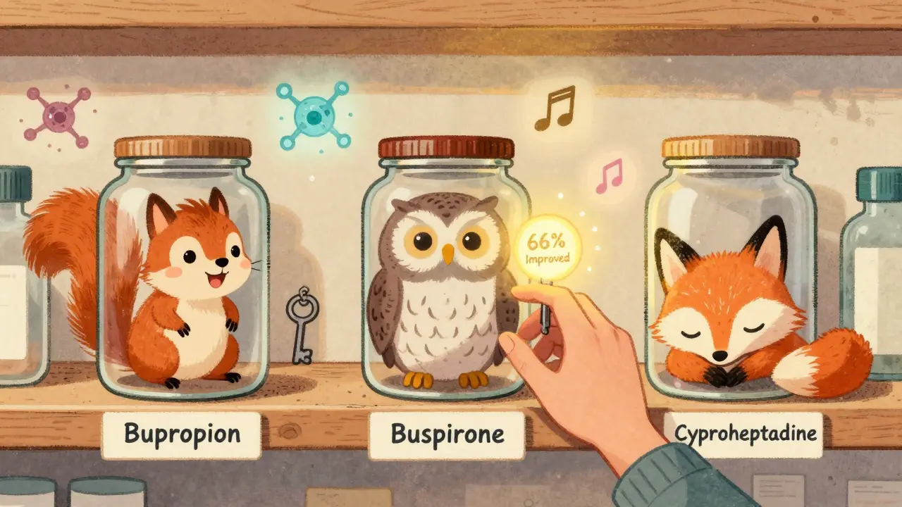 Whimsical pharmacy shelf with friendly creatures representing sexual dysfunction treatments, person reaching for bupropion.