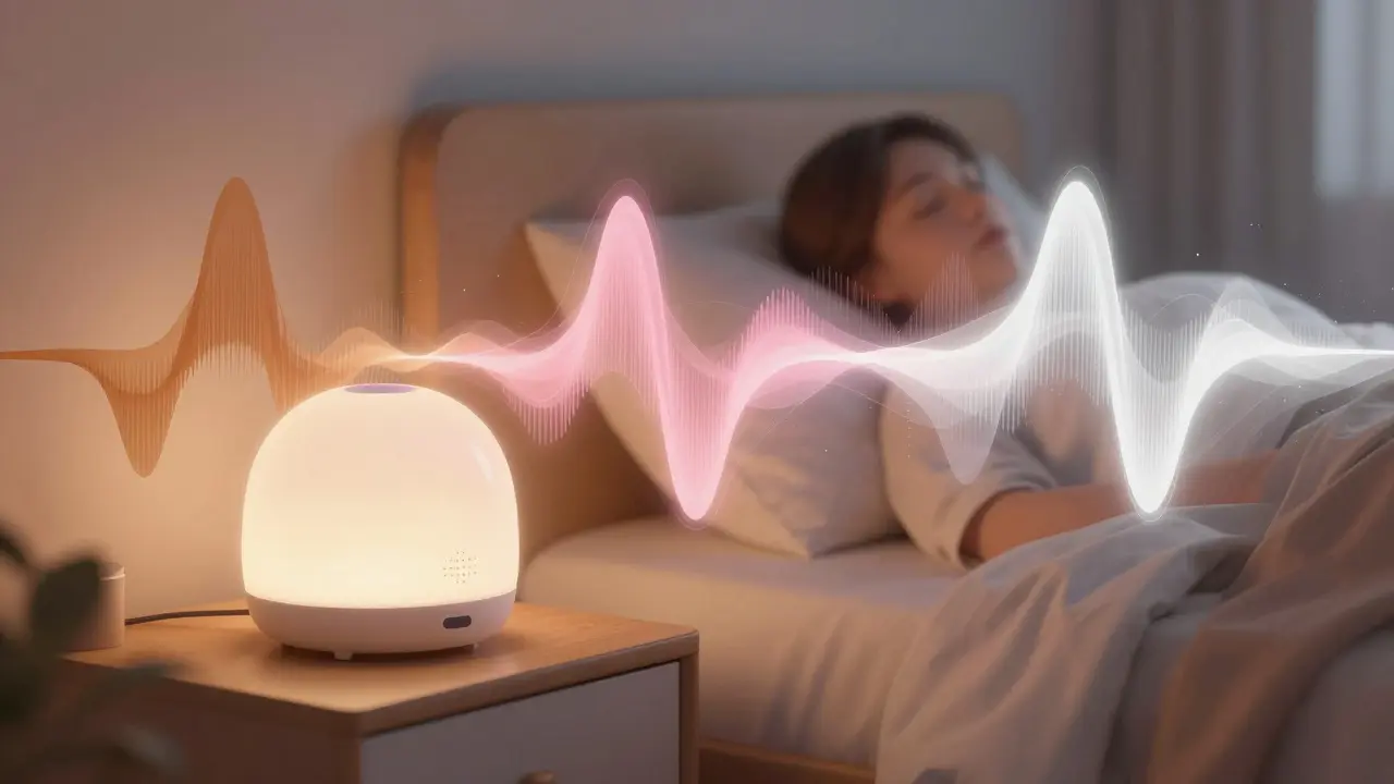 A bedside sound machine emitting colorful waves of masking noise to help a person sleep.