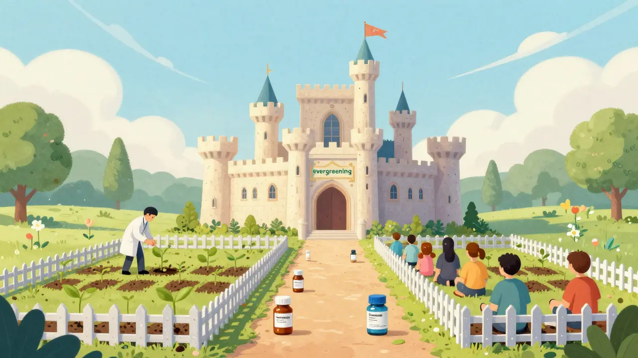 A castle surrounded by small fences blocking a path of affordable generic medicines.