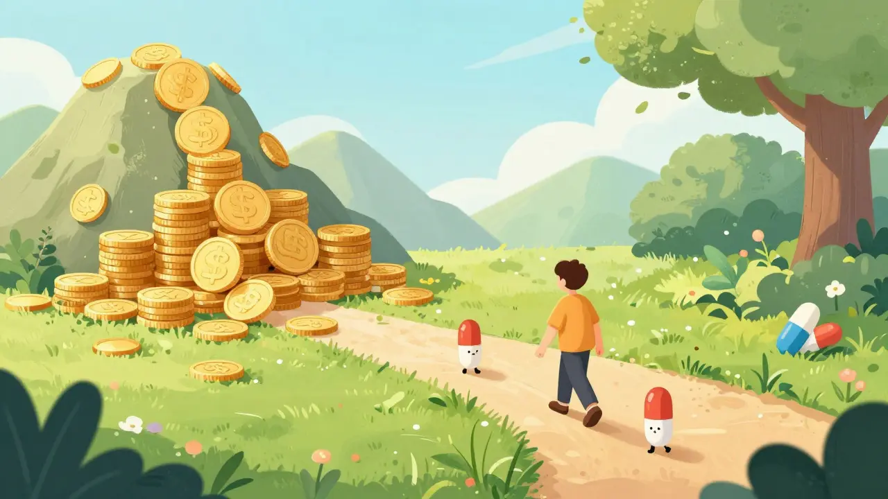 A character walking from expensive costs toward a garden of affordability