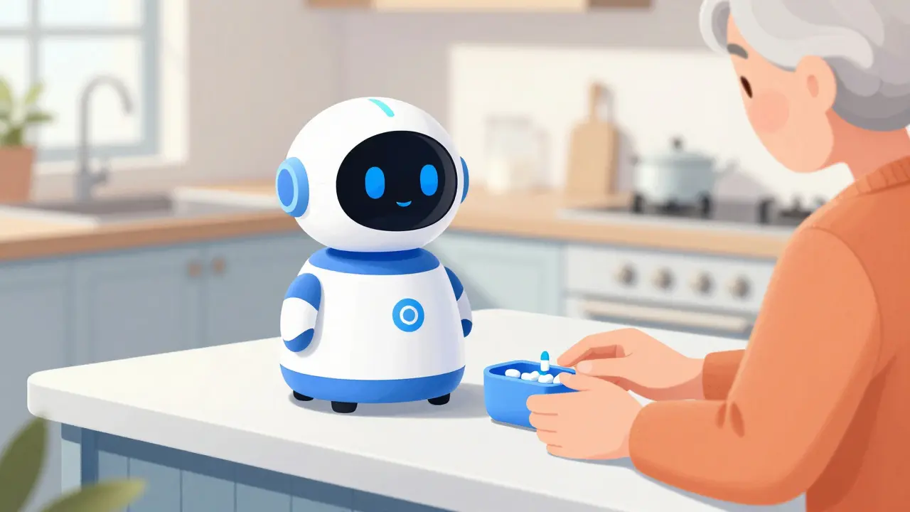 A friendly smart pill dispenser robot providing medication to an elderly person in a bright home.
