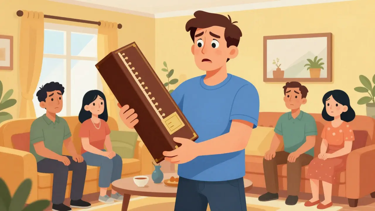 A man in a living room with an impulsive purchase, illustrating personality changes in FTD.