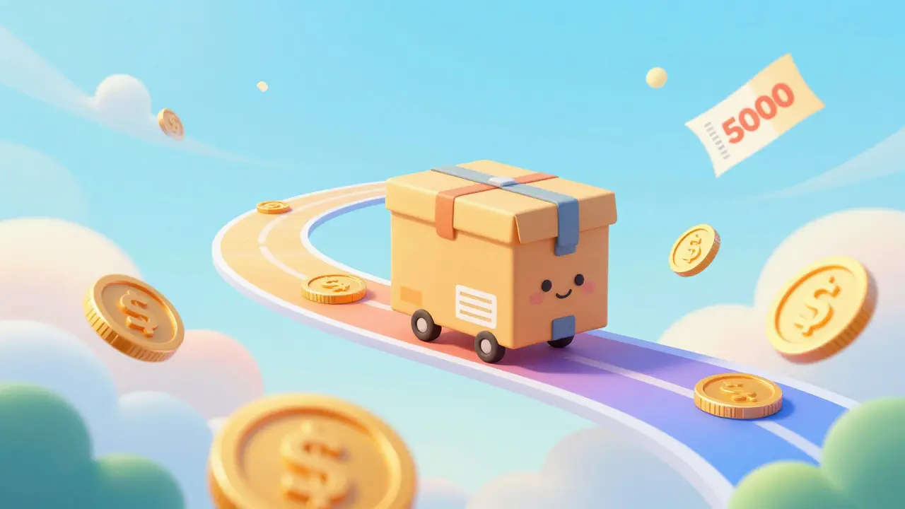 A medicine parcel traveling along a path of gold coins and coupons