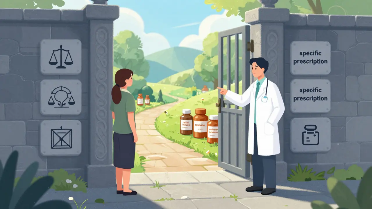 A patient and pharmacist finding a way through a regulatory wall to reach affordable medicine.