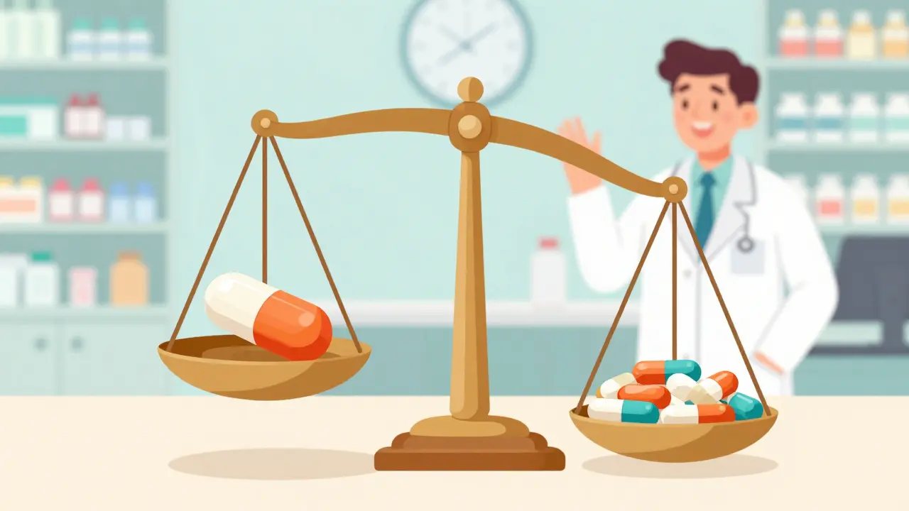 A scale balancing a brand name pill with multiple generic pills to show equal value