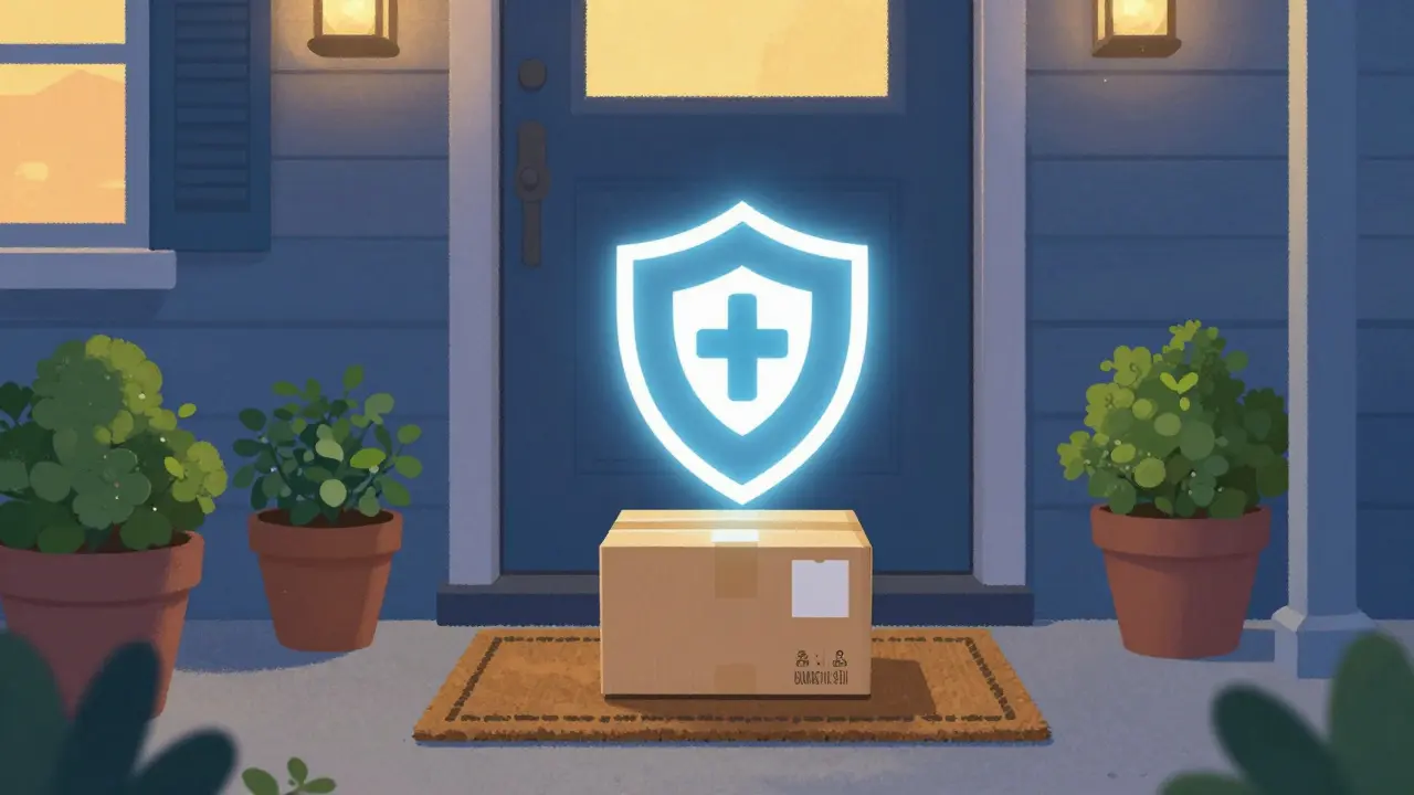 A secure pharmacy delivery package arriving at a home front door