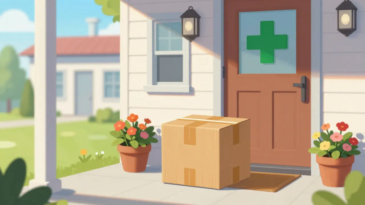 A secure pharmacy delivery package sitting on a sunny home porch