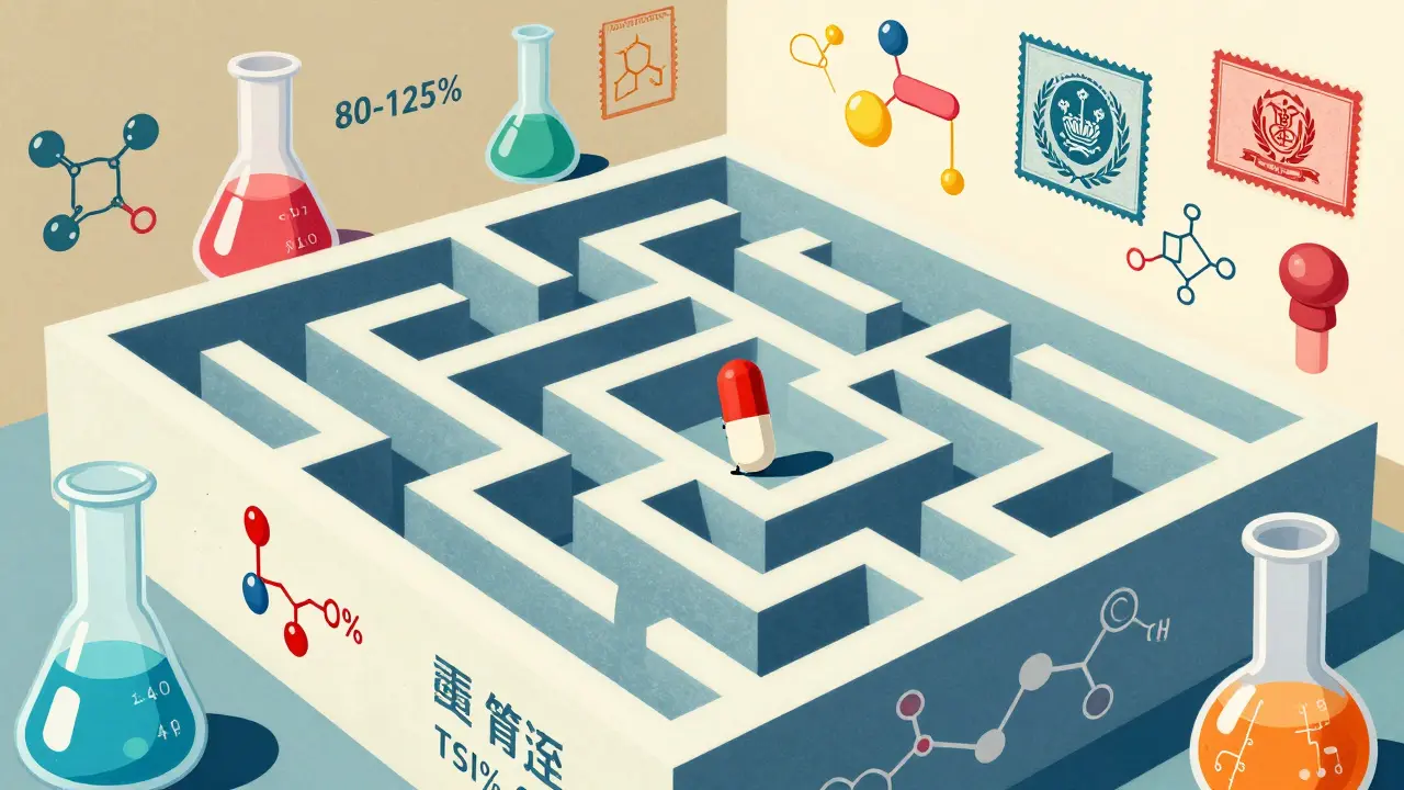 A small pill navigating a whimsical scientific maze of beakers and regulatory stamps.