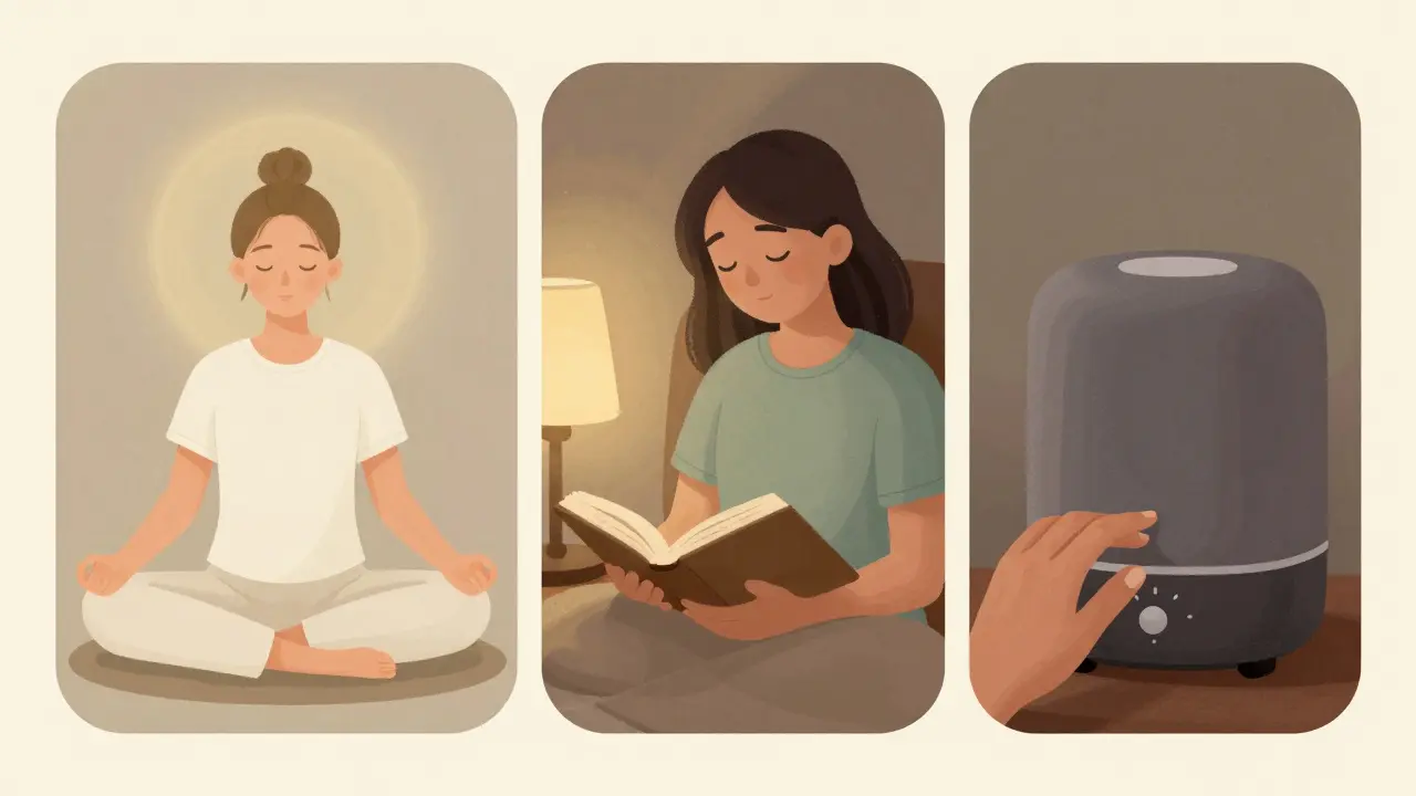A three-part scene showing meditation, reading a book, and adjusting sound therapy before bed.