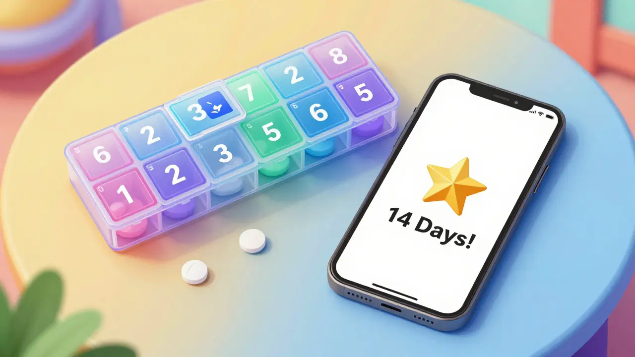 A weekly pillbox next to a smartphone displaying a medication adherence streak with a gold star.