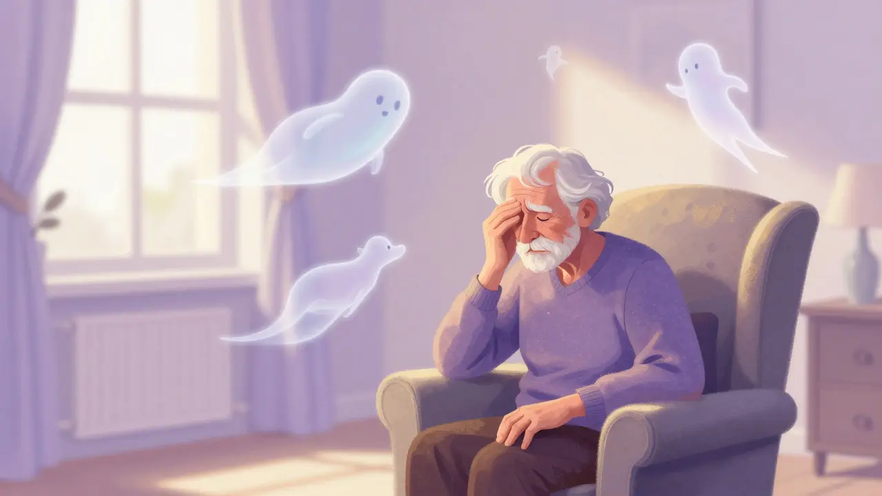 An elderly person seeing semi-transparent floating figures, representing Lewy Body hallucinations.
