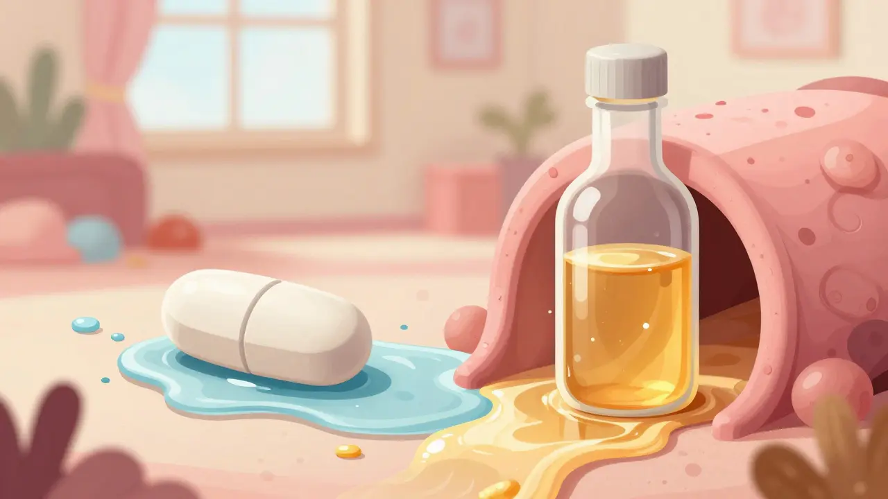 Comparison illustration of a solid pill and a liquid medication moving through a biological tunnel.