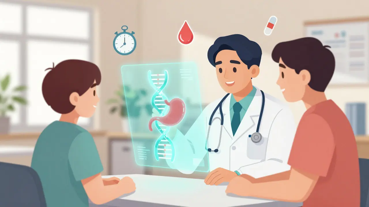 Doctor and patient viewing a holographic DNA and surgical map for personalized medication dosing.