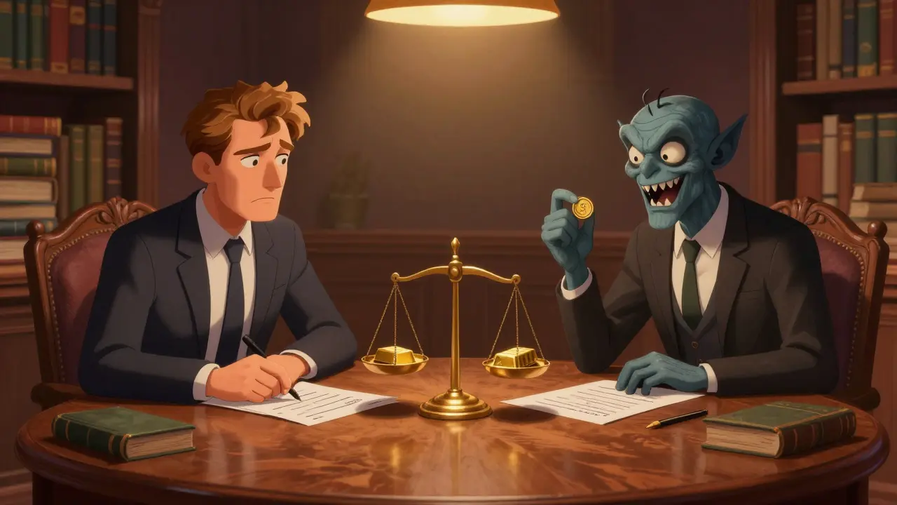 Executive negotiating with a creature over a scale of legal papers and gold.