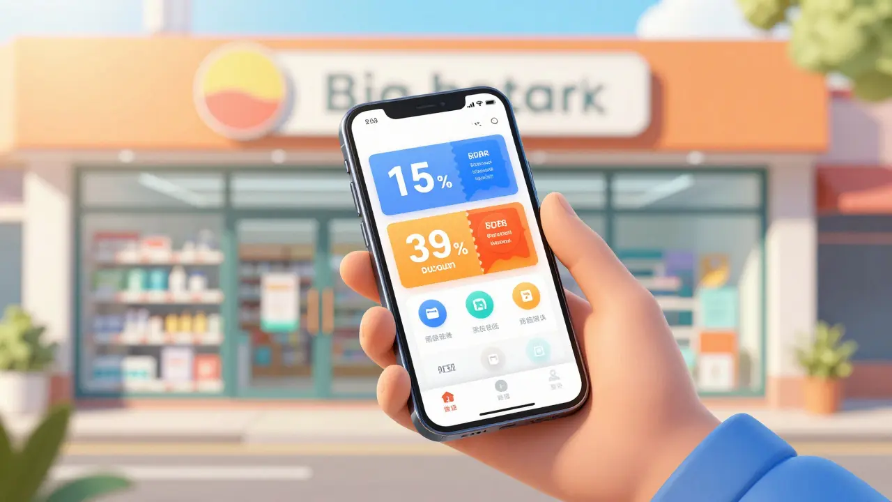 Hand holding a smartphone with a discount coupon for medication