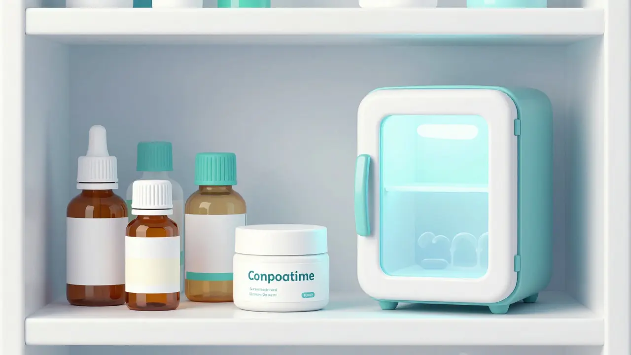 Organized medications and a small refrigerator for specialty storage