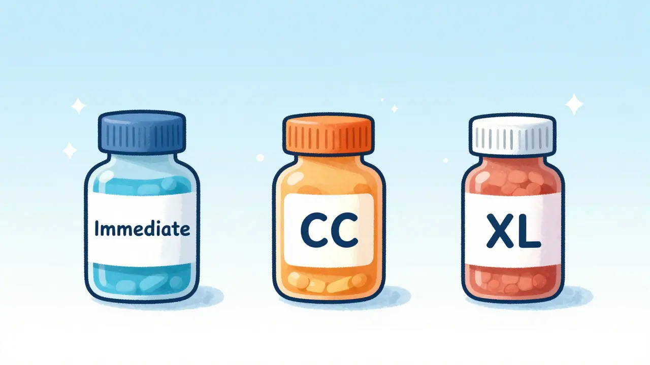 Three stylized medication bottles representing different release formulations